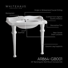 Rectangular Console Sink with Backsplash and Ceramic Legs, 35 in