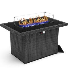 Rectangular Fire Pit Table, 55,000 BTU, Black Wicker with Stainless Steel Frame