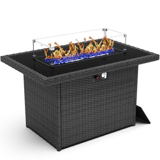 Rectangular Fire Pit Table, 55,000 BTU, Black Wicker with Stainless Steel Frame
