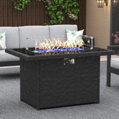 Rectangular Fire Pit Table, 55,000 BTU, Black Wicker with Stainless Steel Frame