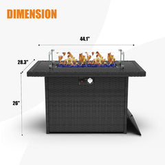 Rectangular Fire Pit Table, 55,000 BTU, Black Wicker with Stainless Steel Frame