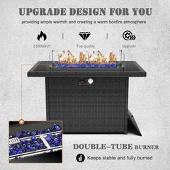 Rectangular Fire Pit Table, 55,000 BTU, Black Wicker with Stainless Steel Frame
