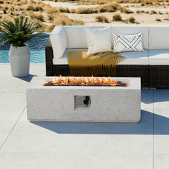 Rectangular Gas Fire Pit Table with 40,000 BTU Output in White Terrazzo Finish