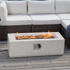 Rectangular Gas Fire Pit Table with 40,000 BTU Output in White Terrazzo Finish