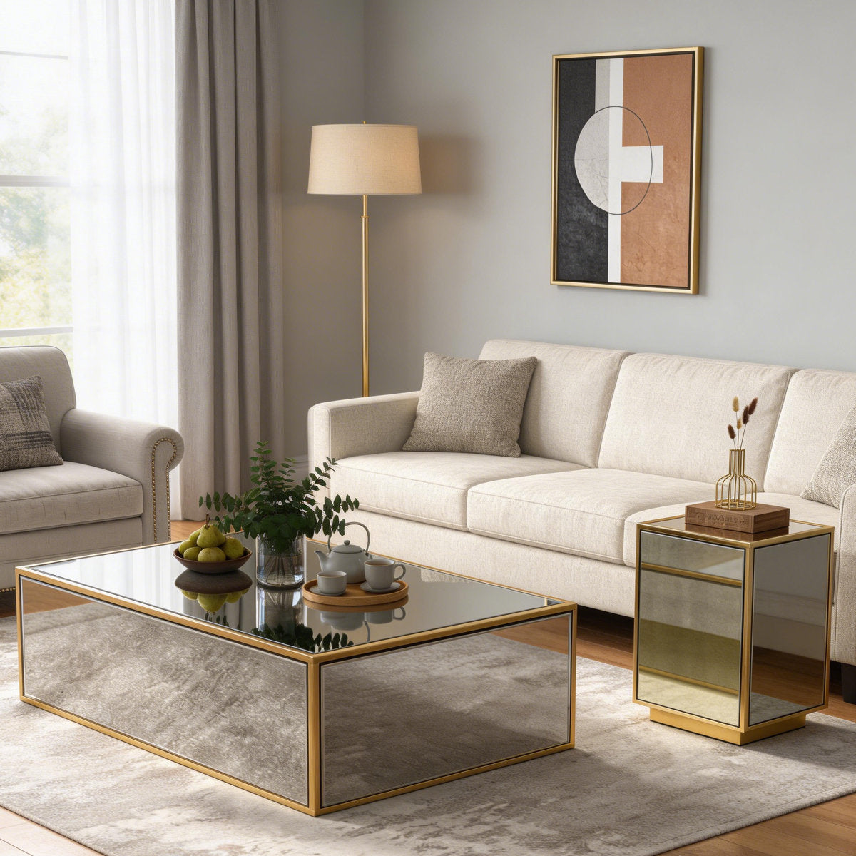 Rectangular Glass Cocktail Table with Gold Metal Frame