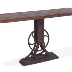Rectangular Table, Solid Teak Top in Natural Iron with Brown Metal Pedestal Base