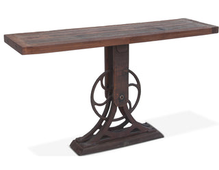 Rectangular Table, Solid Teak Top in Natural Iron with Brown Metal Pedestal Base