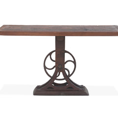 Rectangular Table, Solid Teak Top in Natural Iron with Brown Metal Pedestal Base
