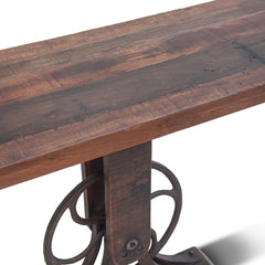 Rectangular Table, Solid Teak Top in Natural Iron with Brown Metal Pedestal Base