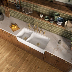 Reversible Apron Front Kitchen Sink, Double Bowl Fireclay in White