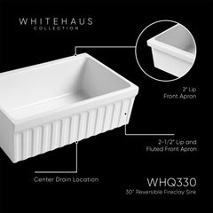Reversible Fireclay Kitchen Sink, 30 Inch Single Bowl in White