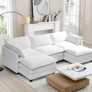 Reversible Sectional Sofa with 3 Seats in White Corduroy
