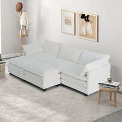 Reversible Sectional Sofa with 3 Seats in White Corduroy