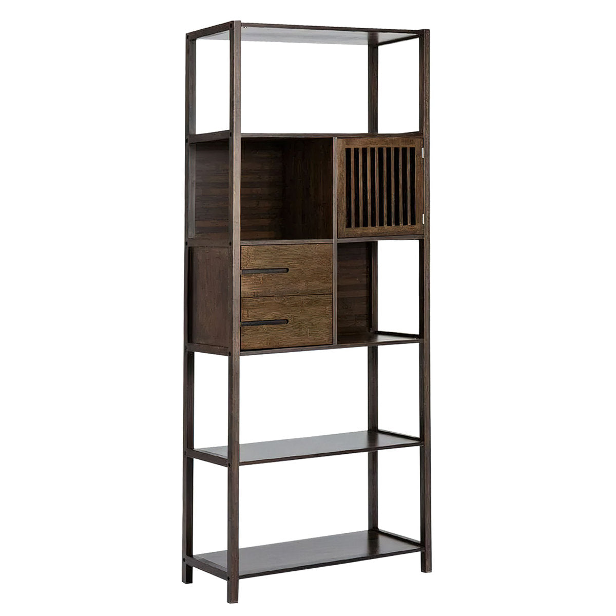 Right-Facing Bookcase with Bamboo and Wood Frame in Cappuccino