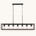 Front | studio front of the walnut cage, seven glass cylinders, and black canopy