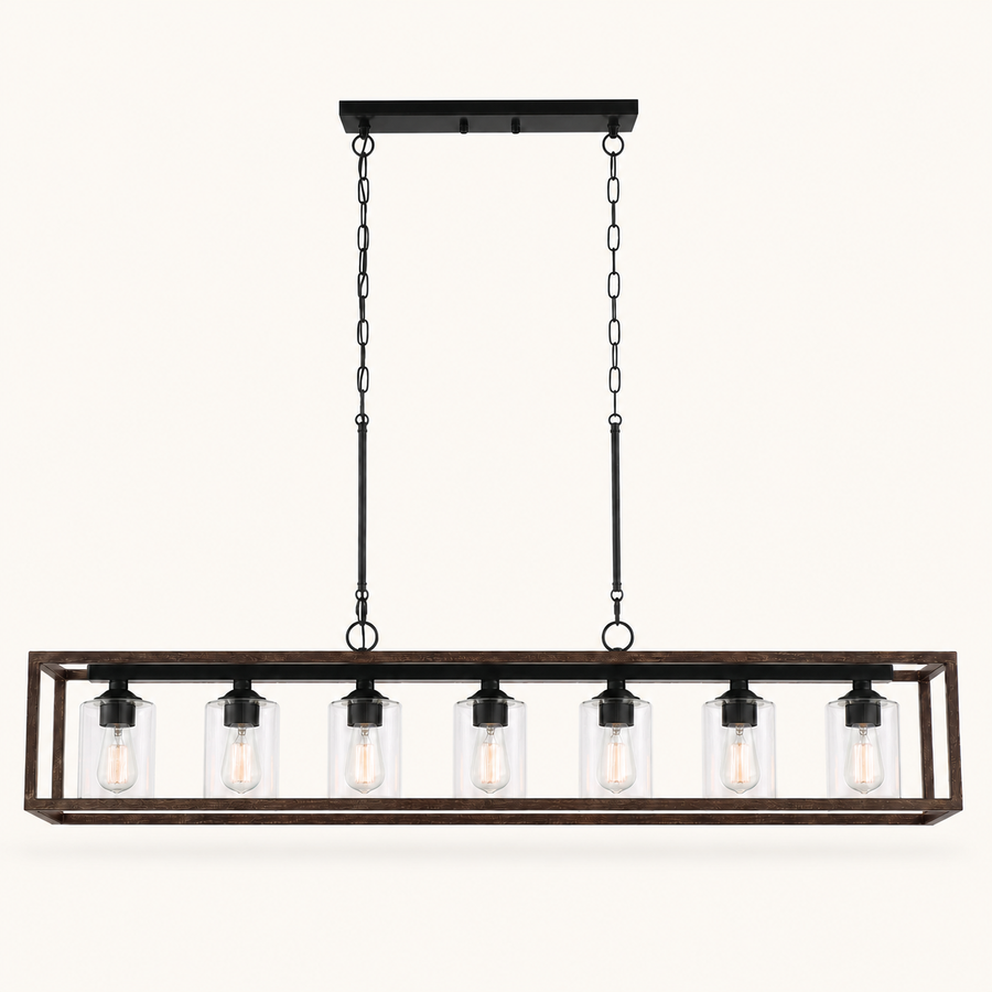 Front | studio front of the walnut cage, seven glass cylinders, and black canopy