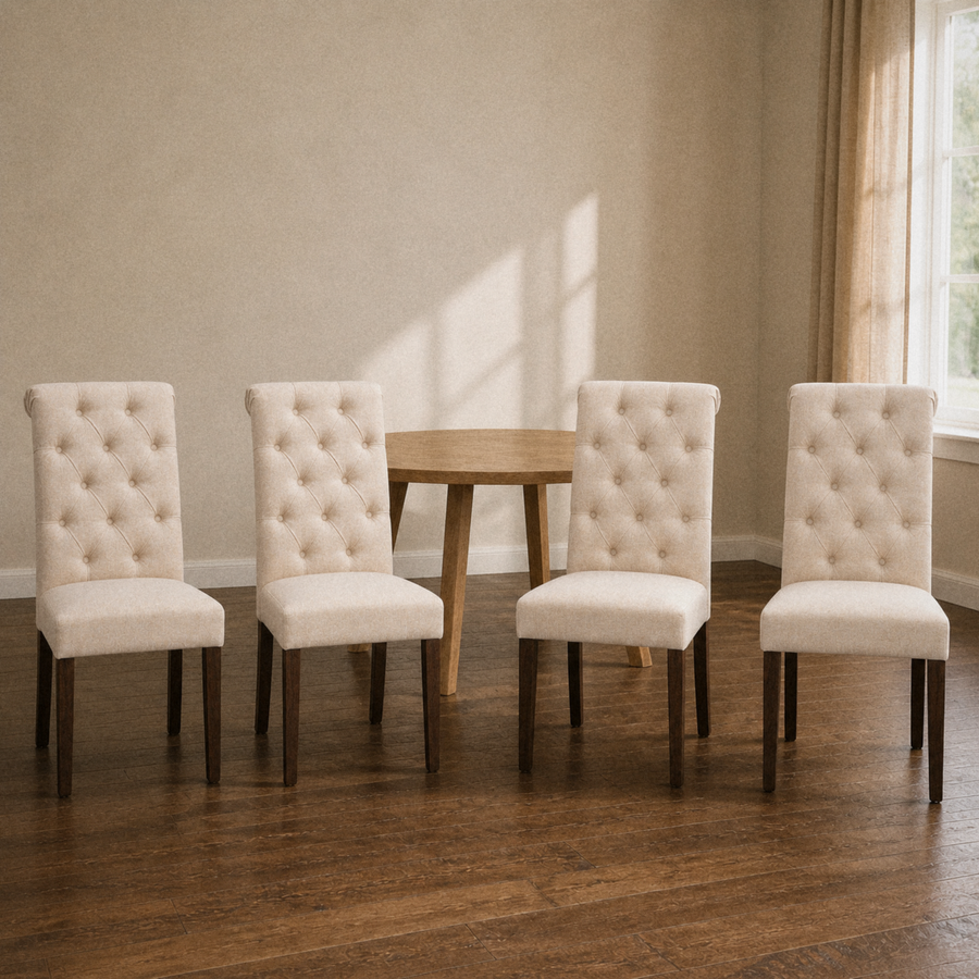 In a room | the set of four in a warm plaster dining room, golden afternoon light from the right