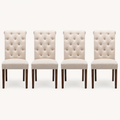 Front | all four beige tufted side chairs centered on paper, diamond buttons and dark walnut-brown tapered legs