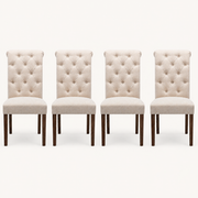 Front | all four beige tufted side chairs centered on paper, diamond buttons and dark walnut-brown tapered legs