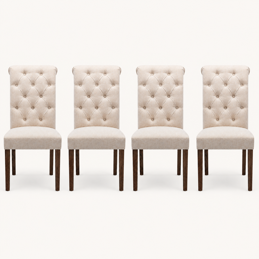 Front | all four beige tufted side chairs centered on paper, diamond buttons and dark walnut-brown tapered legs