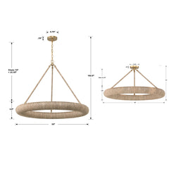 Ring Chandelier, 8 Lights, Gold Metal with Natural Lake Grass Shade