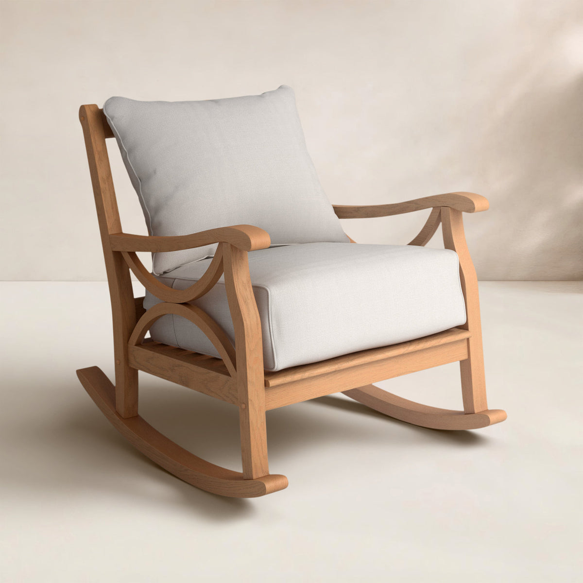 Rocking Chair in Natural Teak with Beige Cushions