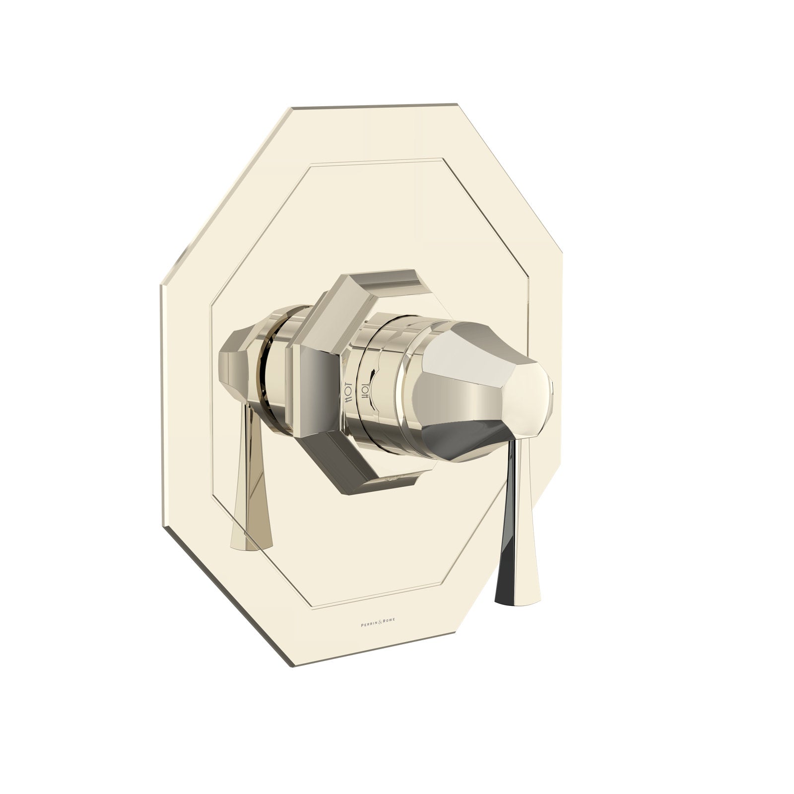 Hero | Complete Polished Nickel pressure-balance shower trim shown on its geometric wall plate with the control and lever visible