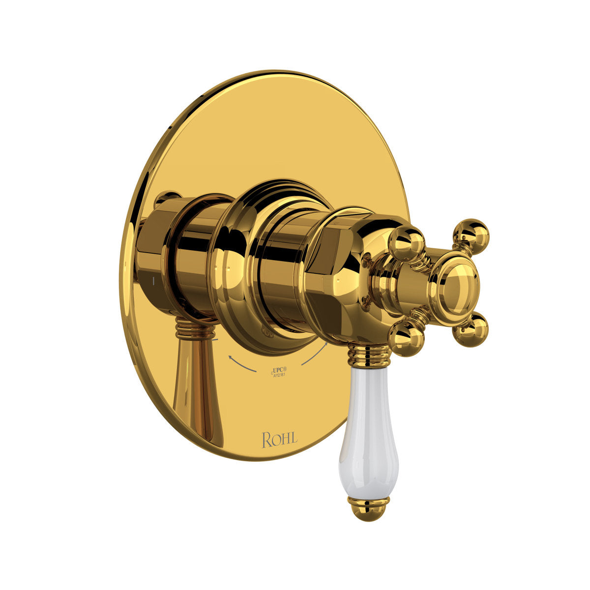 Hero | complete Unlacquered Brass shower trim assembly with visible plate and controls