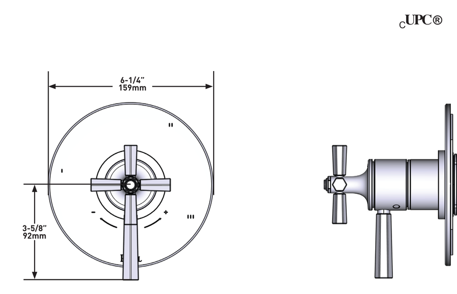 Dimensions | ½″ Thermostatic Pressure-Balance 3-Function Trim, Unlacquered Brass manufacturer specification drawing with dimensions