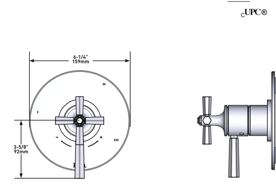 Dimensions | Polished Nickel 1/2-in Thermostatic Pressure-Balance Trim, 5-Function manufacturer specification drawing with dimensions