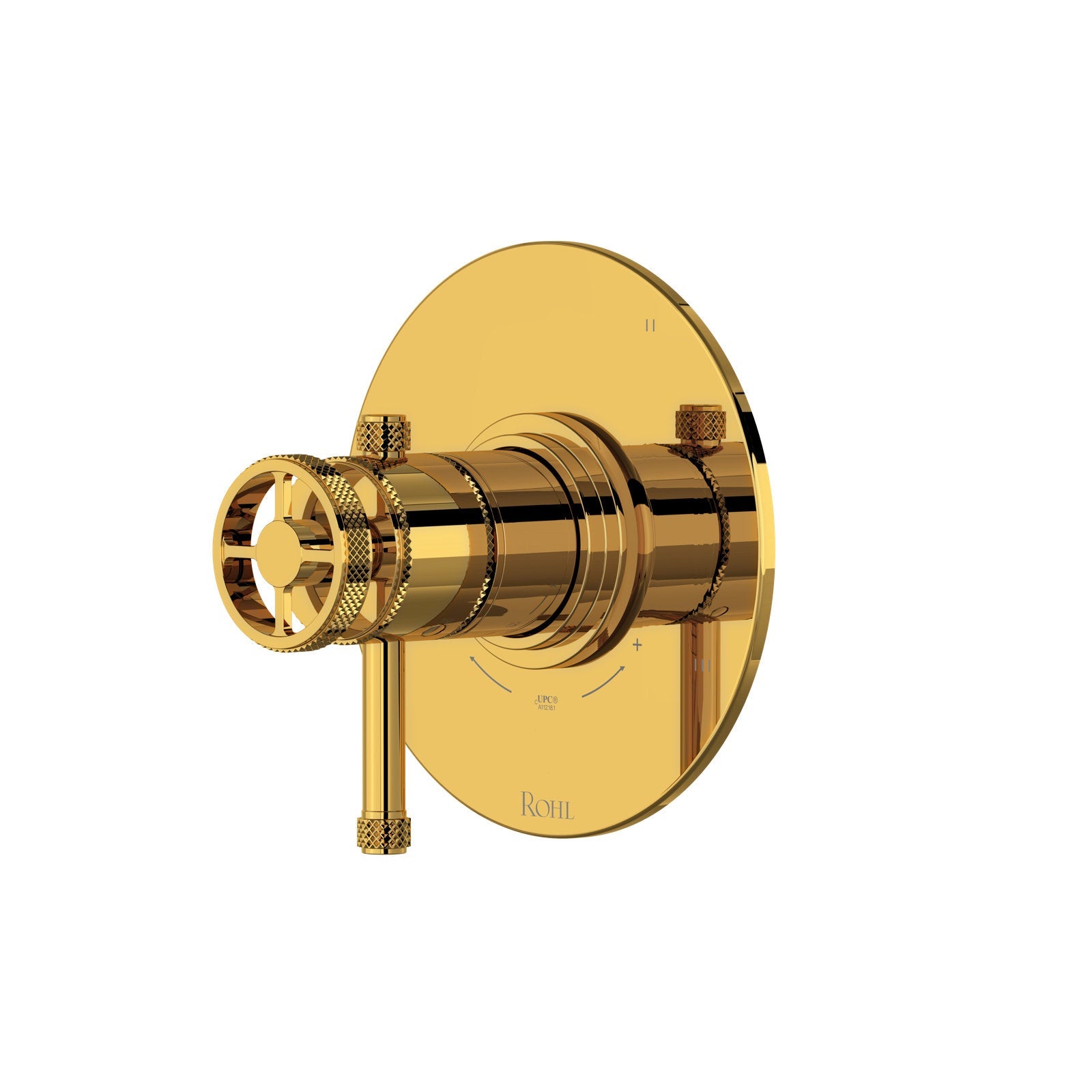Hero | complete Unlacquered Brass shower control trim with round plate, cross-hatched controls, and lower outlet