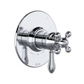 Hero | Frame 01 shows the complete polished chrome shower trim with its round plate, controls, and lever