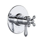 Hero | Frame 01 shows the complete polished chrome shower trim with its round plate, controls, and lever