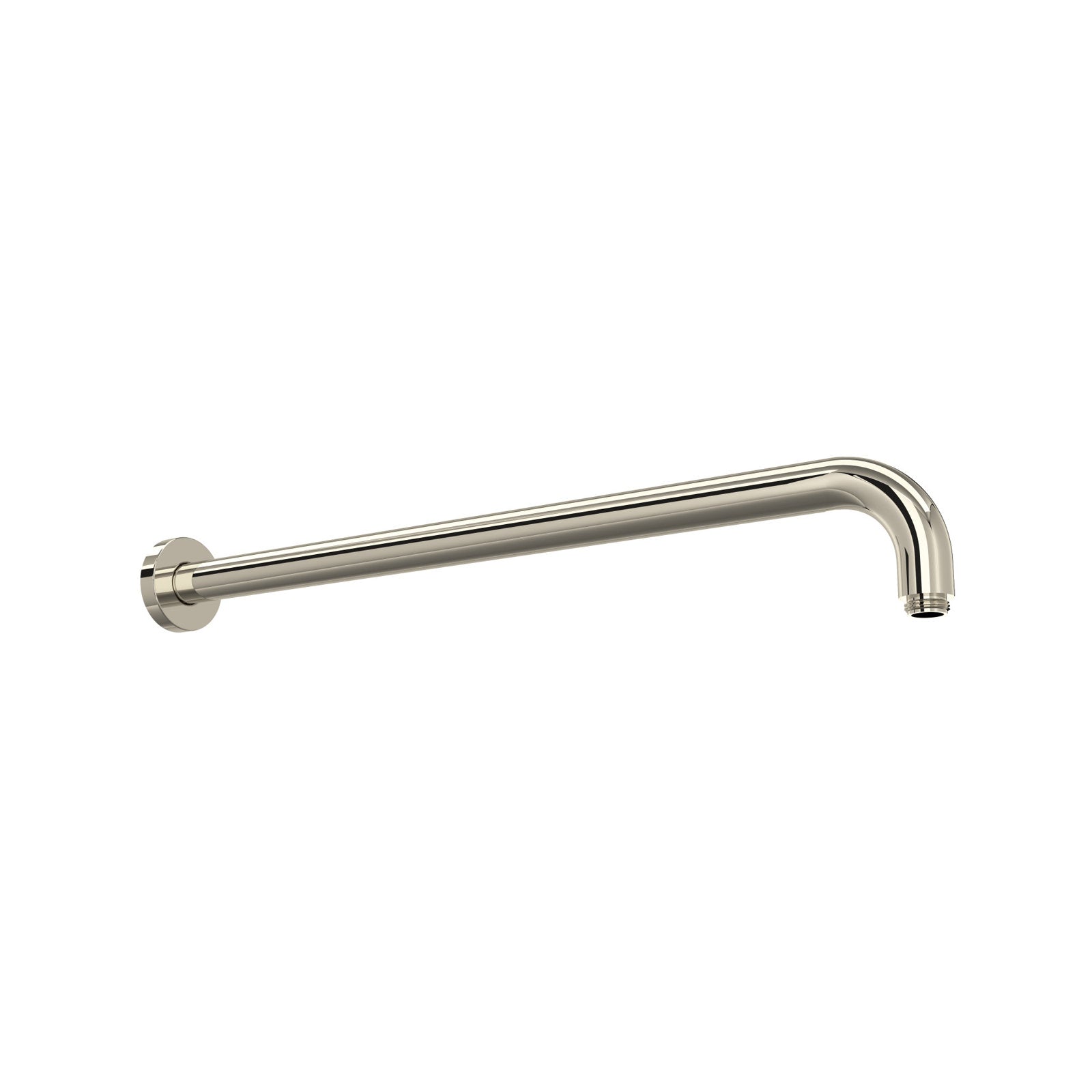 Hero | Frame 01 shows the complete Polished Nickel wall-mount shower arm with round escutcheon