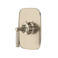 Hero | complete Satin Nickel shower trim with rounded plate and cylindrical handle, angled front view