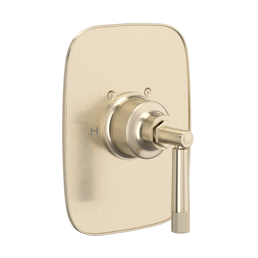 Product view | complete Satin Nickel shower trim with rounded plate and cylindrical handle, reverse angle