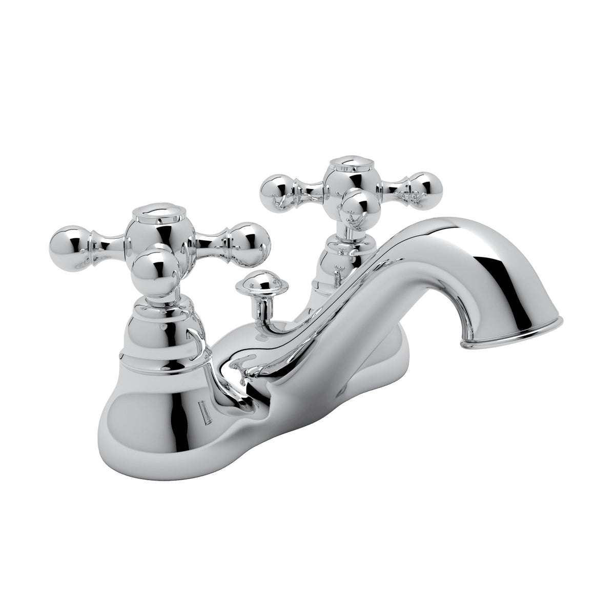 Product view | Complete polished-chrome centerset faucet with two cross handles and curved fixed spout