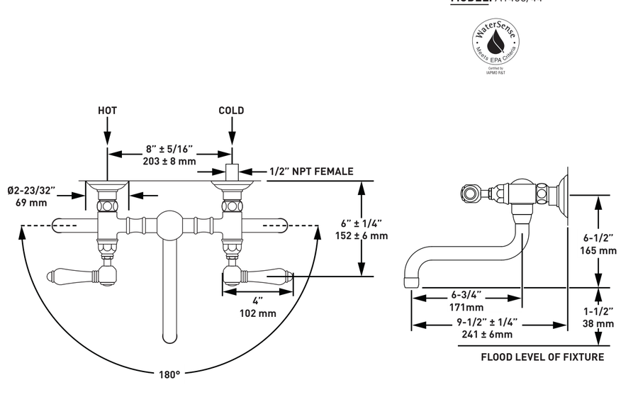Dimensions | Wall Mount Bridge Lavatory Faucet manufacturer specification drawing with dimensions