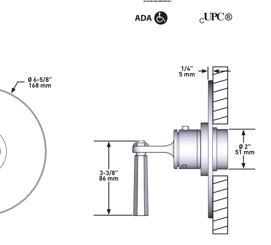 Dimensions | 3/4-Inch Matte Black Thermostatic Shower Control Trim manufacturer specification drawing with dimensions