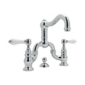 Angle | Polished Chrome bridge faucet showing curved swivel spout and two handles