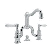 Angle | Polished Chrome bridge faucet showing curved swivel spout and two handles