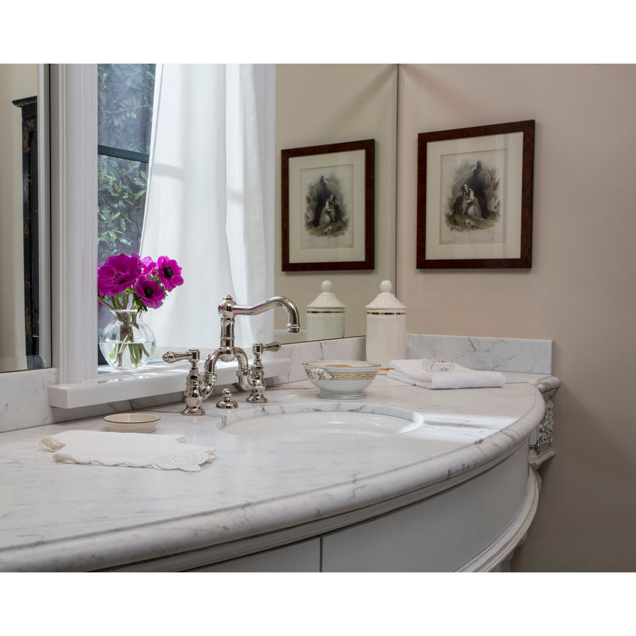 Product view | Polished Chrome Bridge Bathroom Sink Faucet installed in a finished bathroom