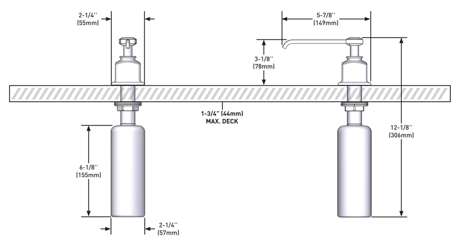 Dimensions | Polished Nickel Counter Soap Dispenser manufacturer specification drawing with dimensions