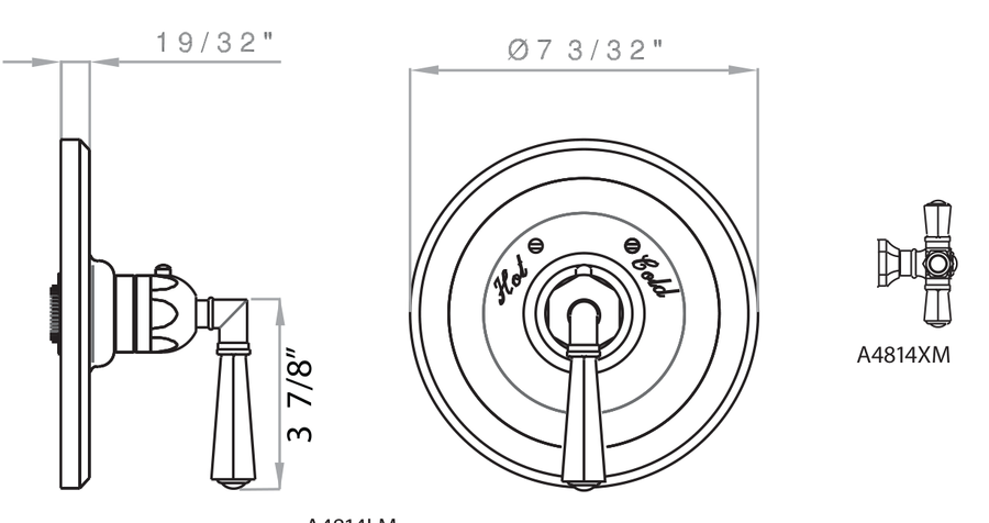 Dimensions | Polished Nickel Shower Trim manufacturer specification drawing with dimensions