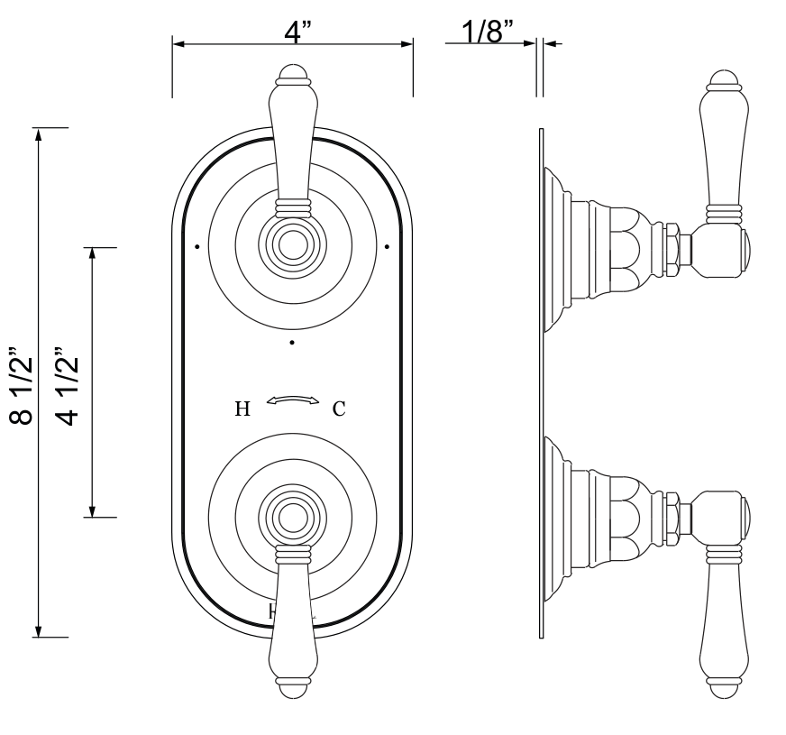 Dimensions | Shower Control Plate, 1/2″ Polished Nickel Thermostatic Trim/Diverter manufacturer specification drawing with dimensions
