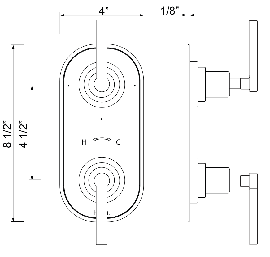Dimensions | Thermostatic Shower Control Plate with Diverter, Unlacquered Brass manufacturer specification drawing with dimensions