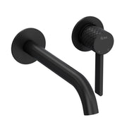 Product view | Complete Matte Black wall-mount single-handle lavatory faucet trim with curved spout