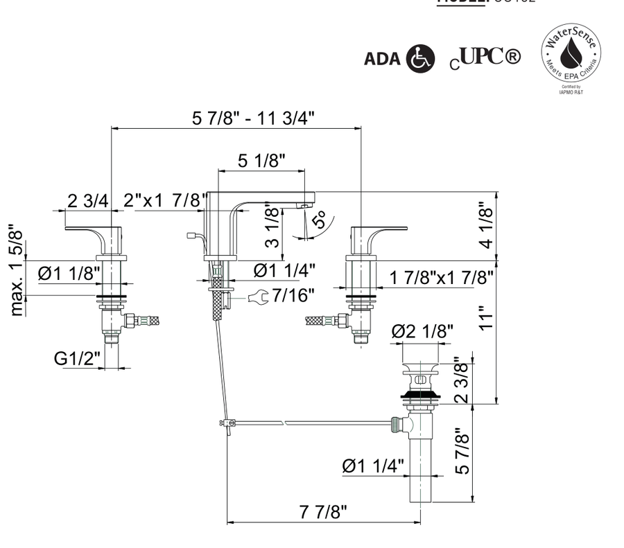 Dimensions | Three-Hole Bathroom Sink Faucet, Polished Nickel manufacturer specification drawing with dimensions