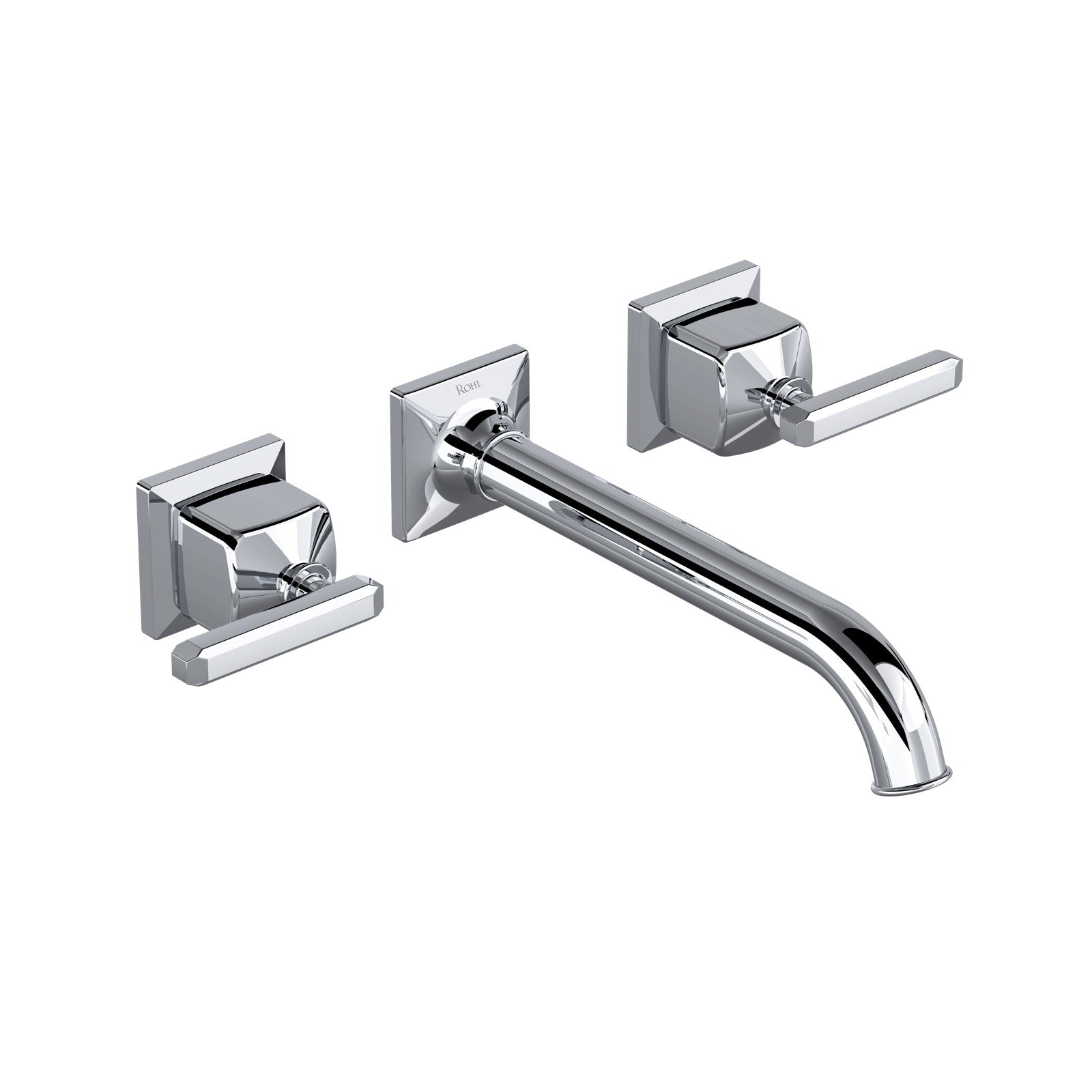 Hero | complete wall-mount bathroom sink faucet trim in Polished Chrome with curved spout and two lever handles