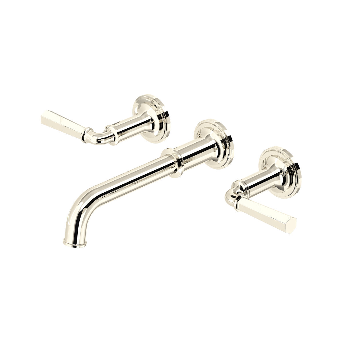 Product view | complete Polished Nickel wall-mount lavatory faucet trim with curved fixed spout and two lever handles